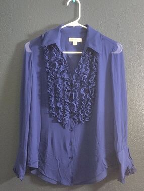 Silk  Deep Purple Ruffle Front Long Sheer Sleeves Button-Down Blouse Size MP